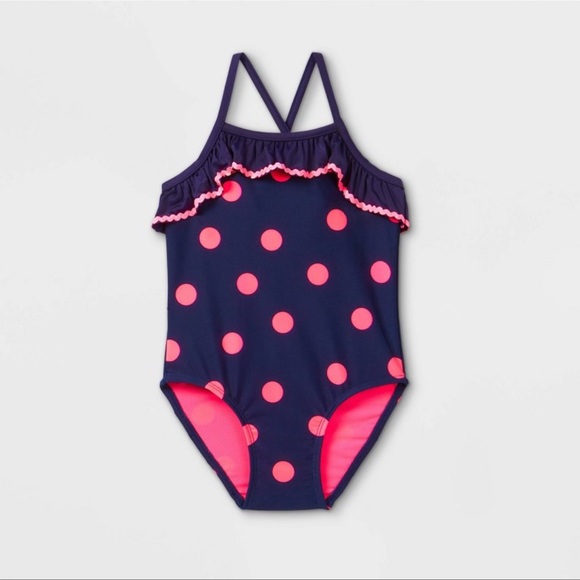 Cat & Jack Navy Pink Ruffle Polka Dot Bathing Suit - 4T - Picture 1 of 5